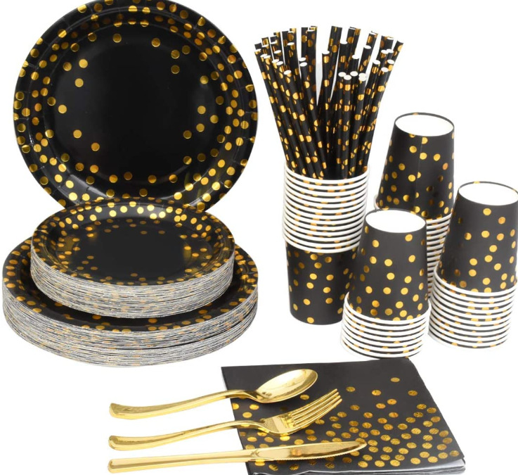 New Hot Stamping Black Polka Dot Paper Plate Paper Cup Thickened Knife A