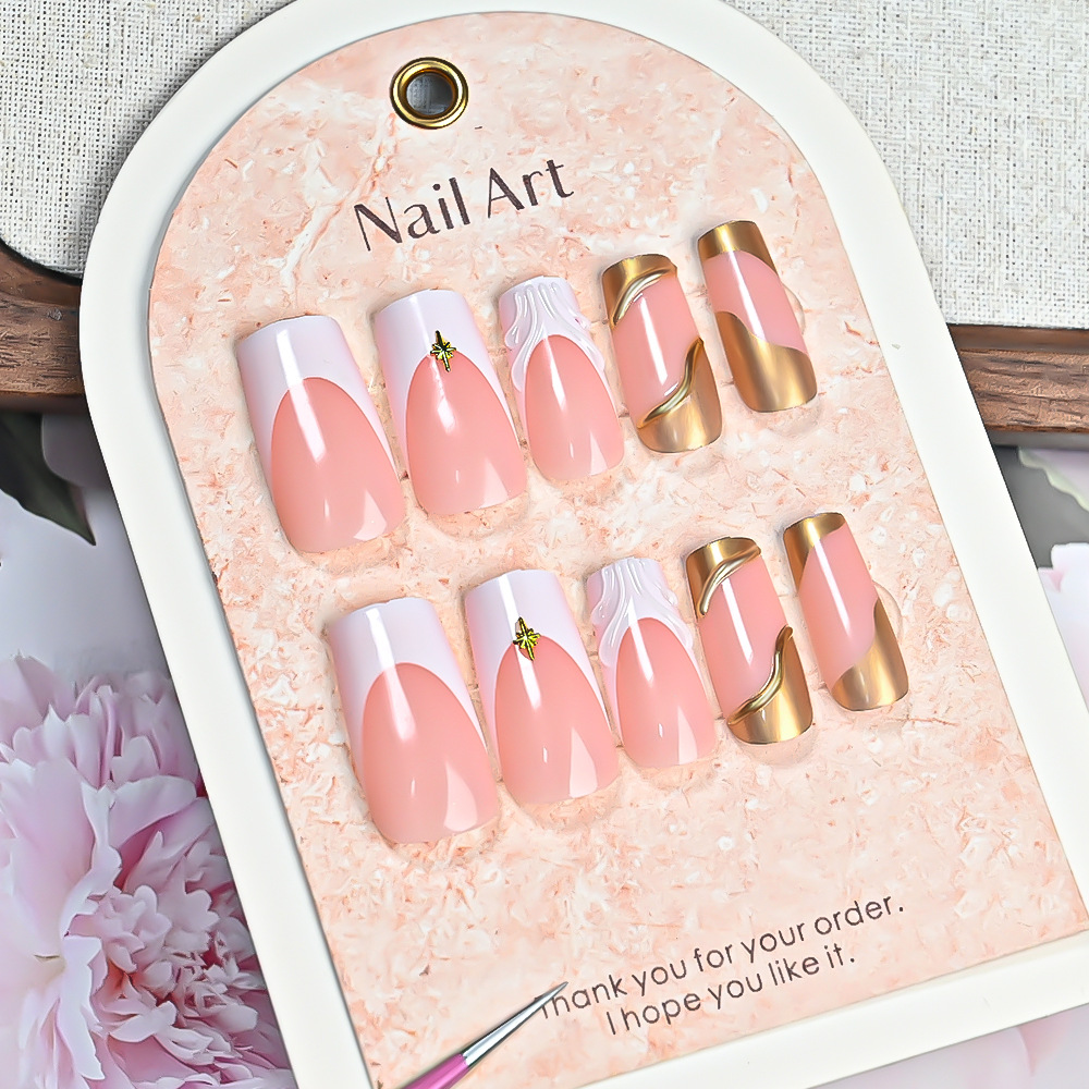 24-piece 3D Floral Gold-trimmed Plaid Artificial Nail Tips For Wearable