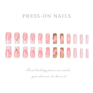 24-piece 3D Floral Gold-trimmed Plaid Artificial Nail Tips For Wearable