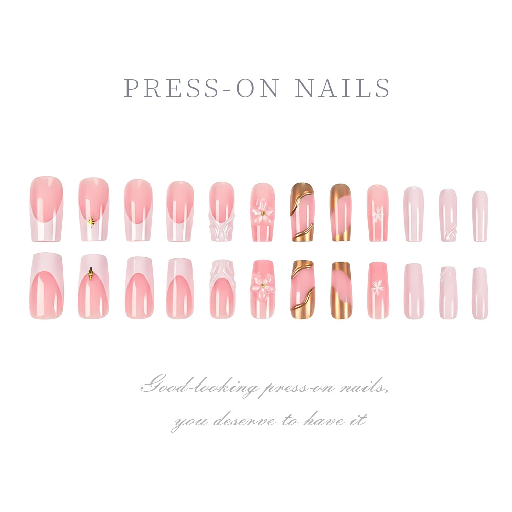 24-piece 3D Floral Gold-trimmed Plaid Artificial Nail Tips For Wearable