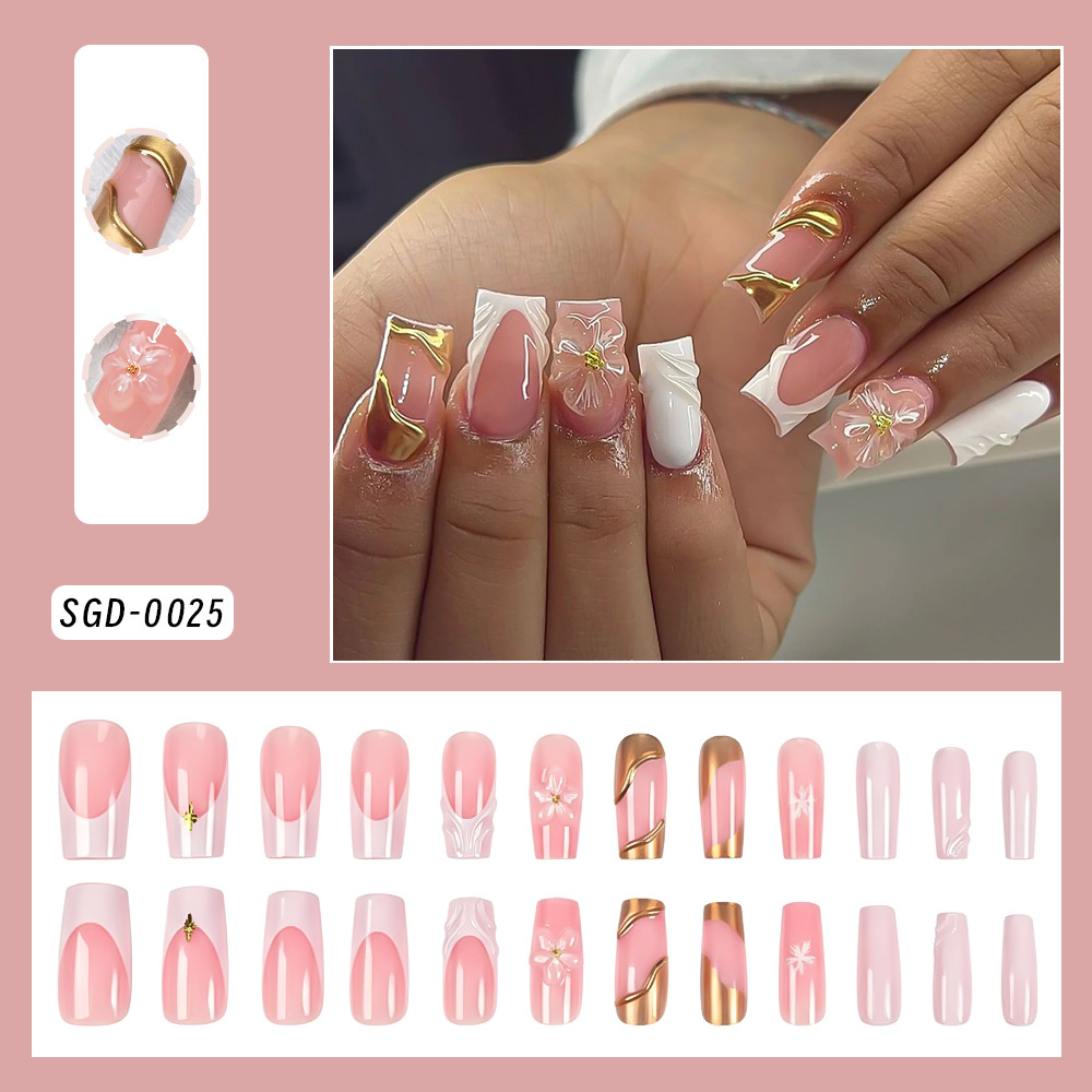 24-piece 3D Floral Gold-trimmed Plaid Artificial Nail Tips For Wearable