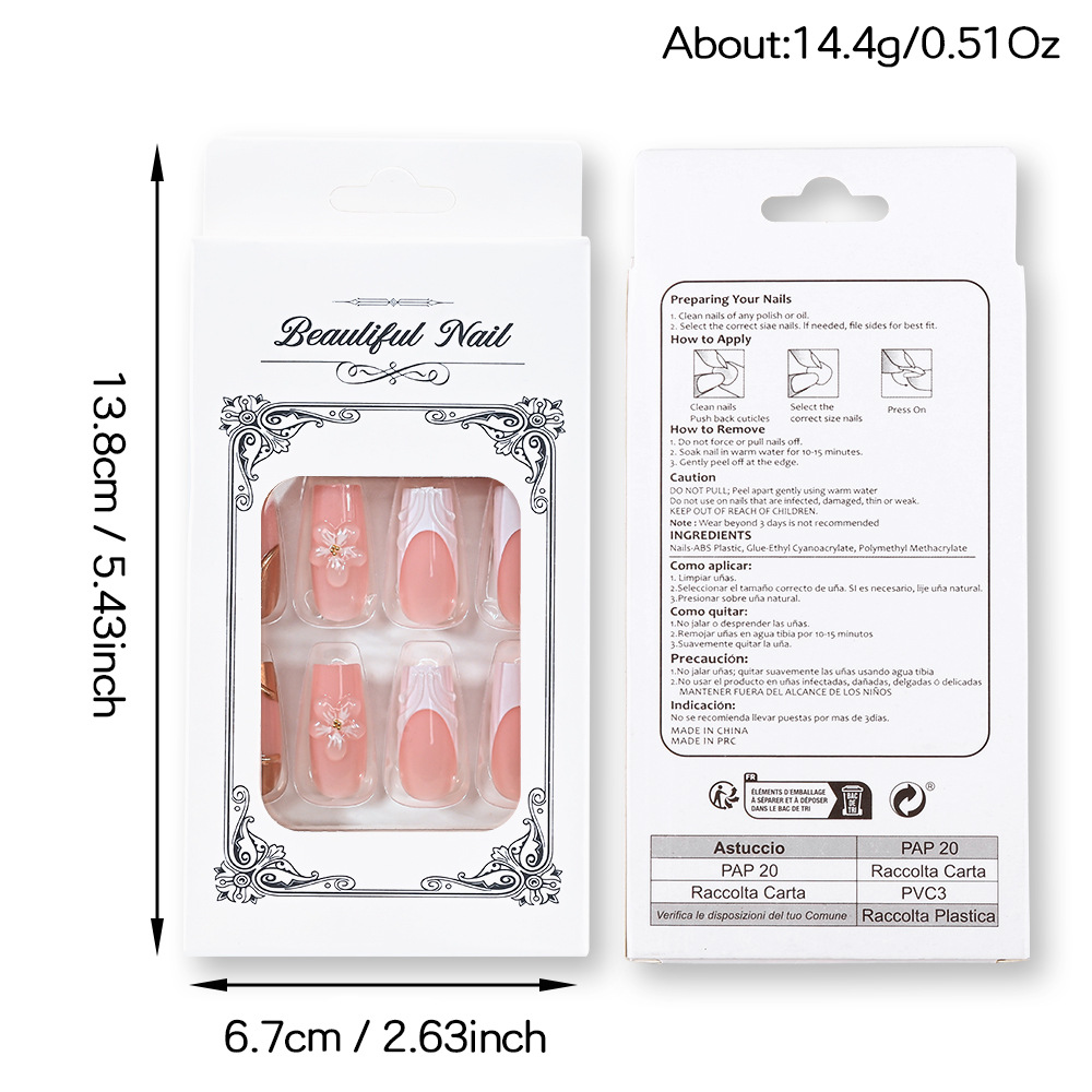 24-piece 3D Floral Gold-trimmed Plaid Artificial Nail Tips For Wearable