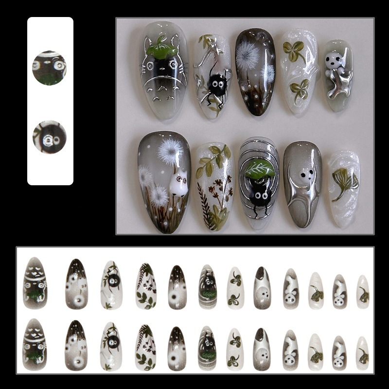 24Pcs Forest Style 3D Embossed Cat Eye Press On Nails, European INS Tren