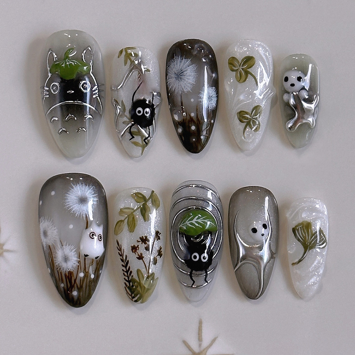 24Pcs Forest Style 3D Embossed Cat Eye Press On Nails, European INS Tren
