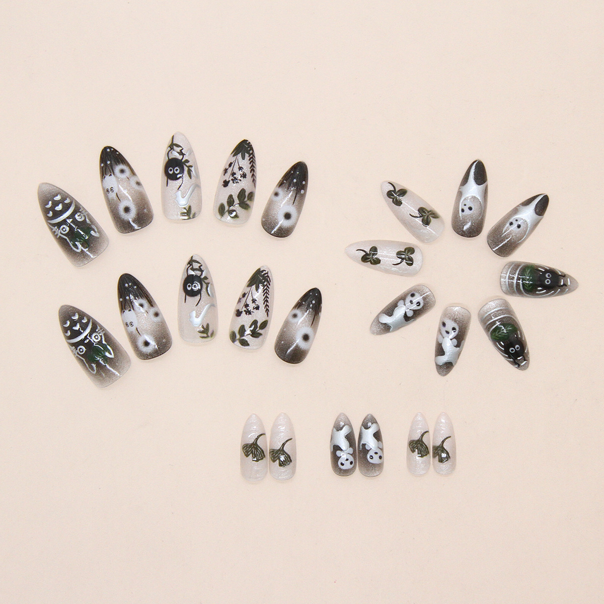 24Pcs Forest Style 3D Embossed Cat Eye Press On Nails, European INS Tren